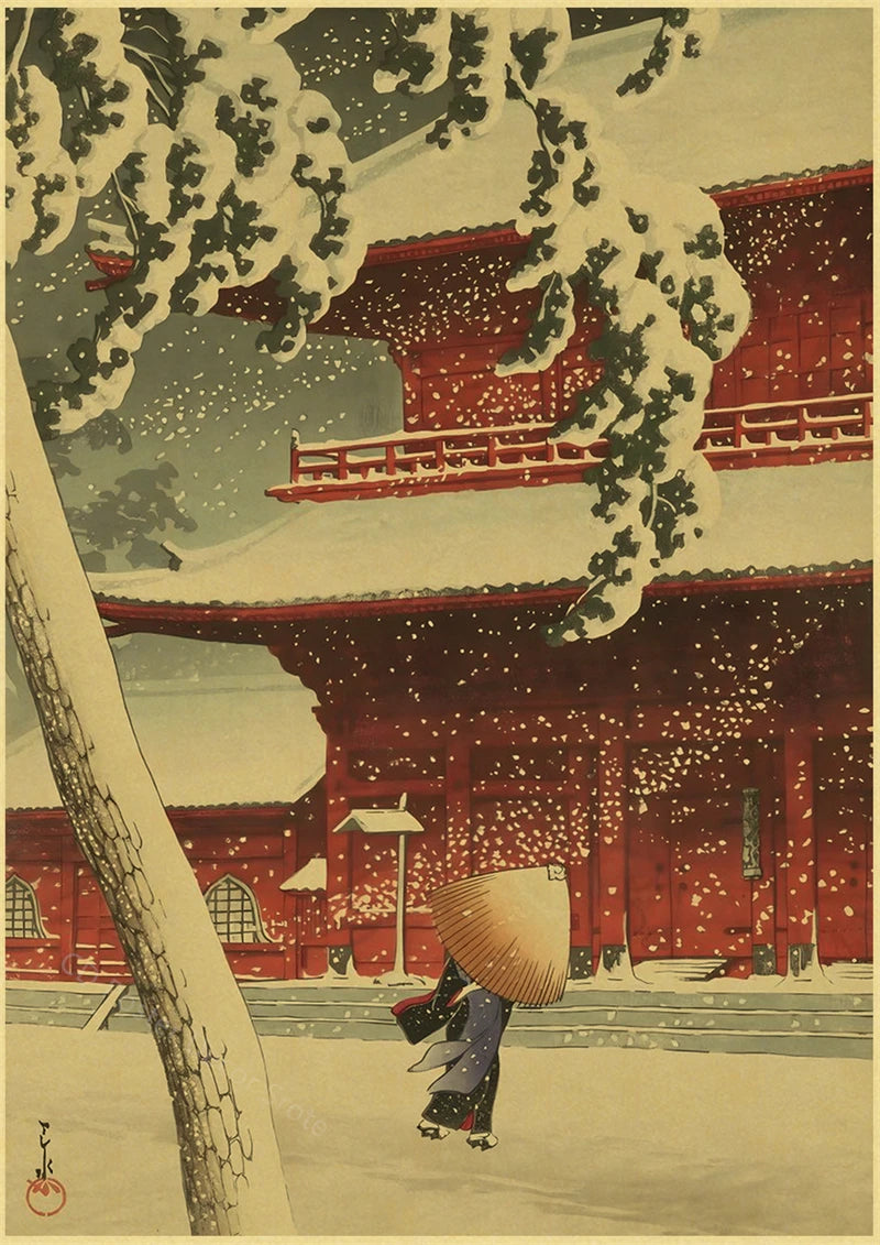 Affiche Japonaise Maisons et Arbres Enneigés