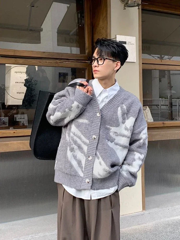 Pull Cardigan Tricoté Japonais Gris
