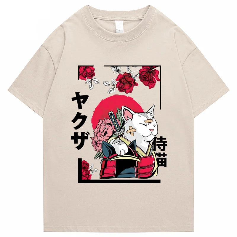 T-shirt Japonais en Coton Chat Design Beige