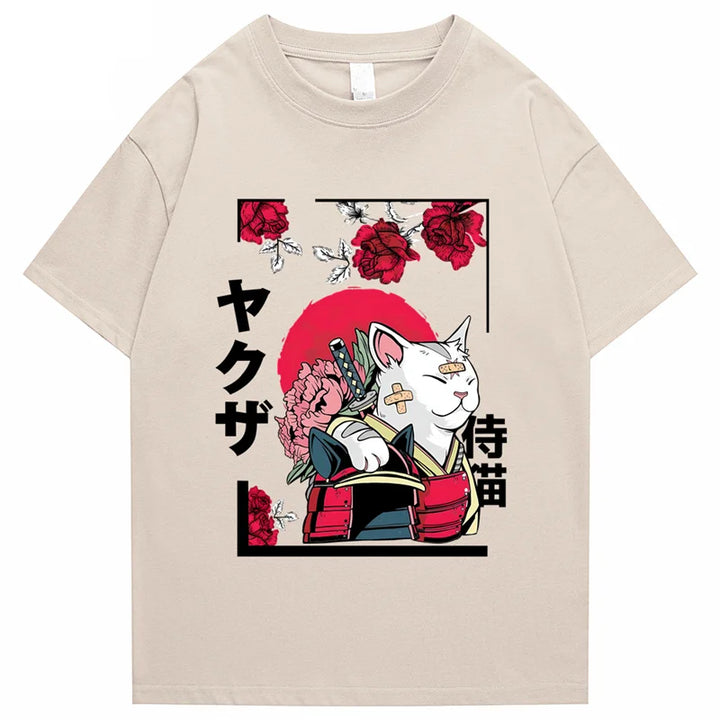 T-shirt Japonais en Coton Chat Design Beige