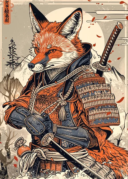 Affiche Japonaise Rétro Kitsune Samouraï avec armure