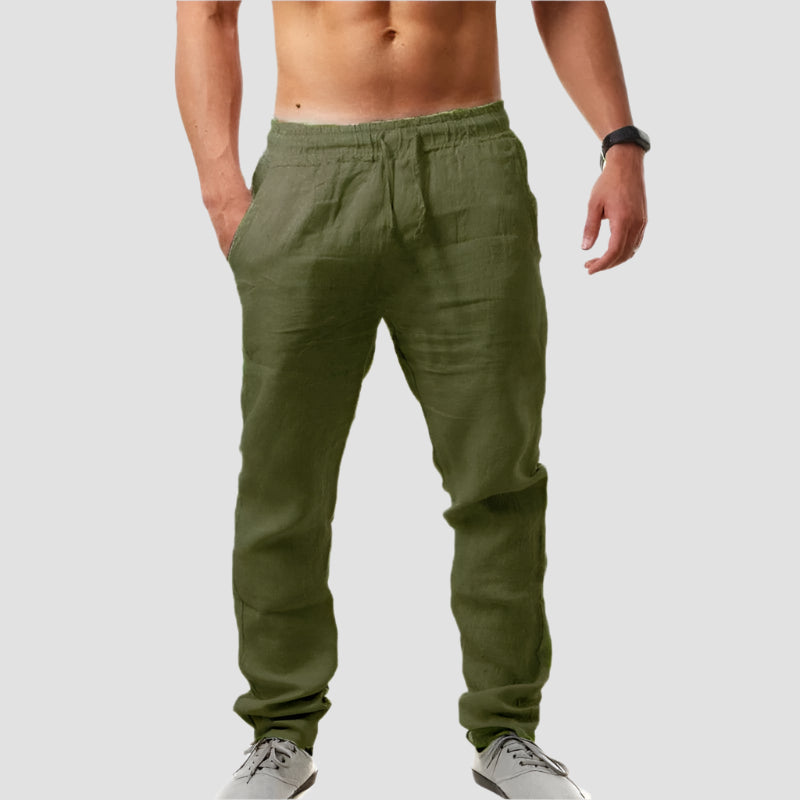Pantalon Japonais à Taille Elastique en Lin Vert