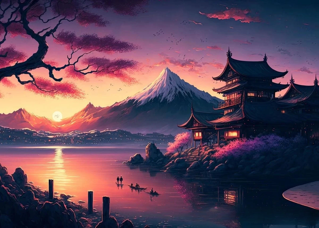 Affiche Japonaise Lac et Couché du Soleil