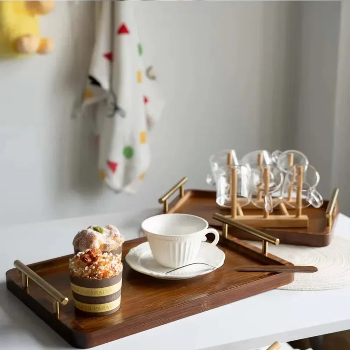Tea service tray with gold metal handle
