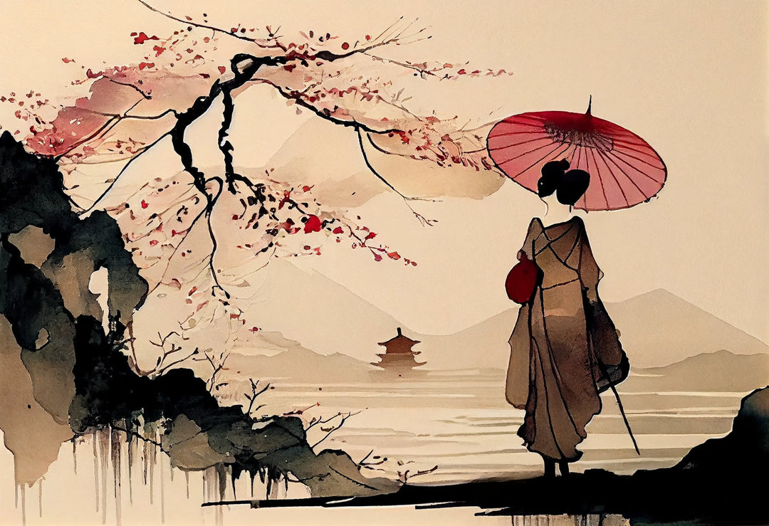 Affiche Japonaise Rétro Femme Ombrelle en Main