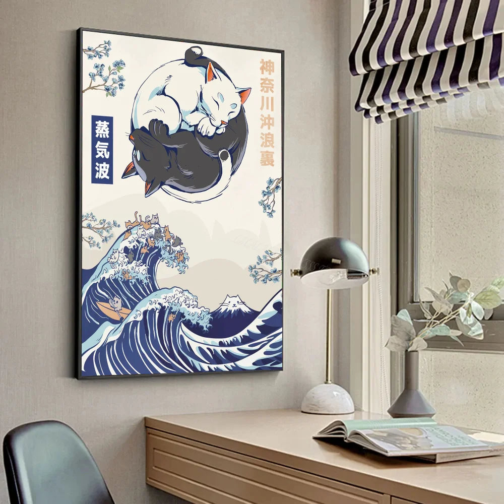 Tableau Japonais Chats et Vague de Kanagawa