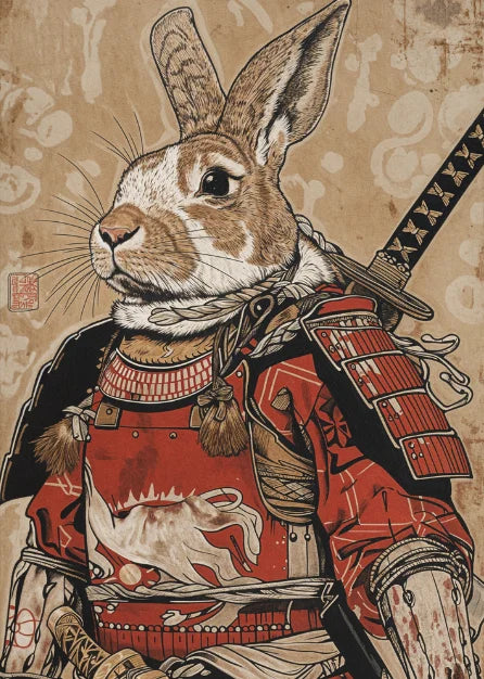 Affiche Japonaise Rétro Lapin Samouraï Marron