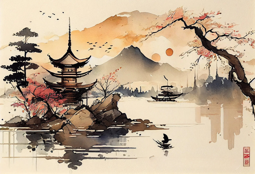 Affiche Japonaise Rétro Temple sur Rivière