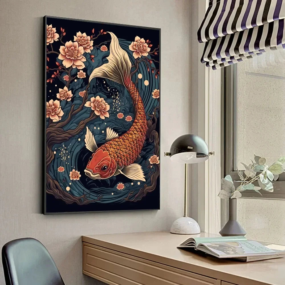 Tableau Japonais Poisson KOI et Fleurs