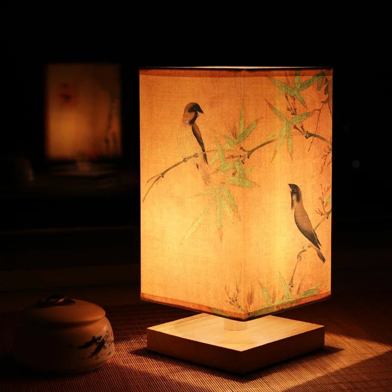 Nachttischlampe mit Bambus-Vogelmuster | Tenko