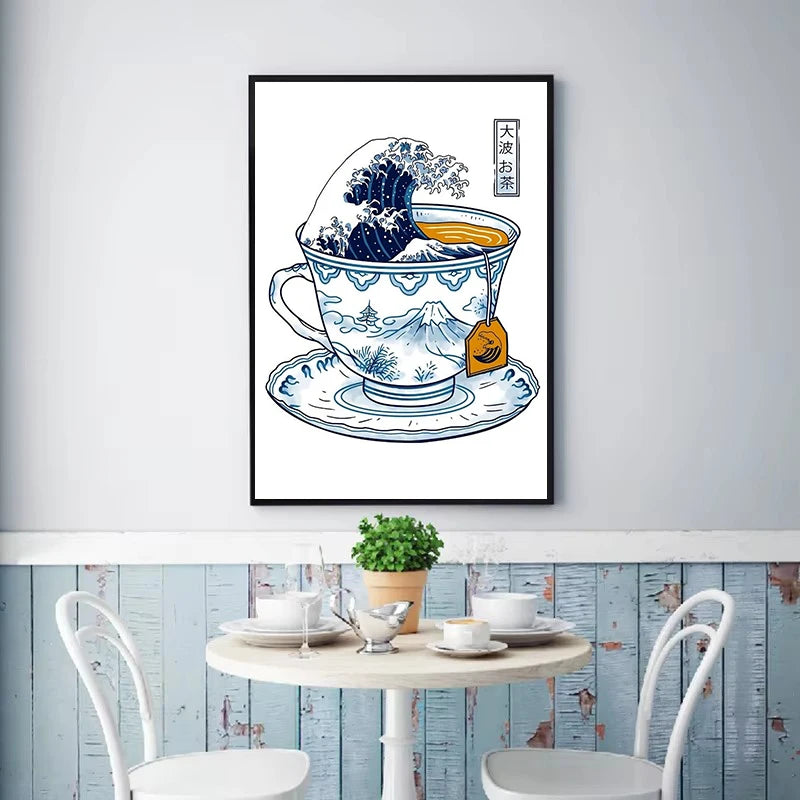 Affiche Japonaise Tasse de Café Motif Yama Fuji fond blanc