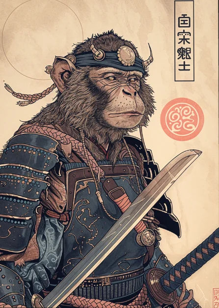Affiche Japonaise Rétro Chimpanzé Samouraï avec sabre