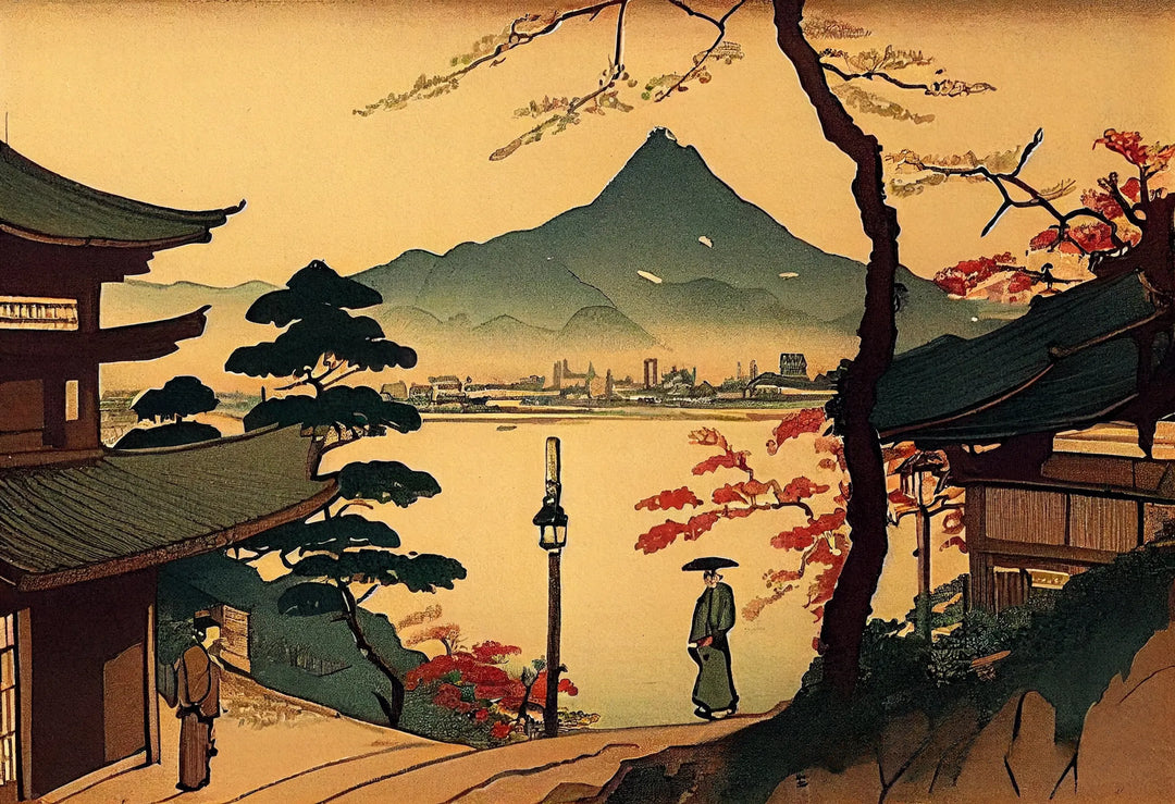 Affiche Japonaise Rétro Maison Traditionnelle et Fuji Yama