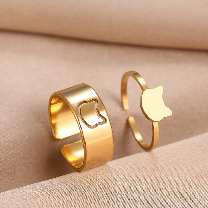 Edelstahlring-Set mit japanischem Katzenmotiv