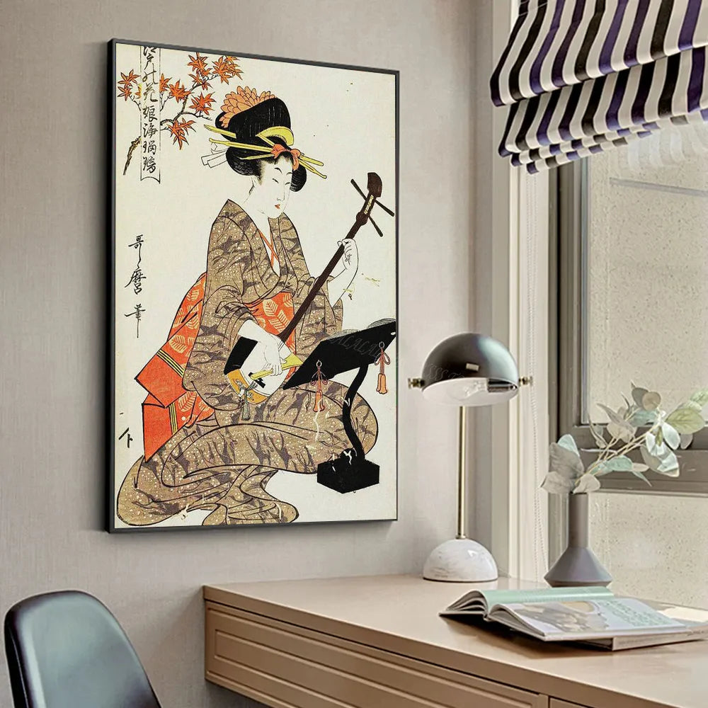 Tableau Japonais Geisha avec Shamisen
