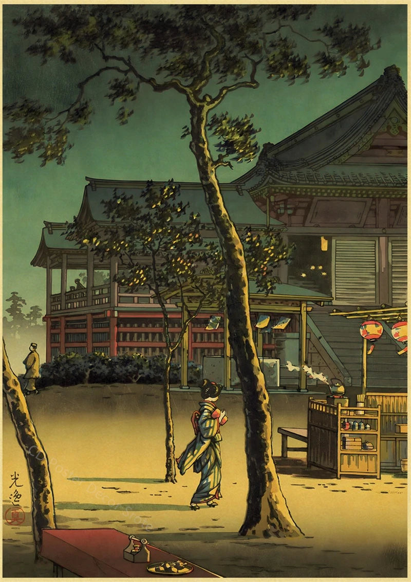 Affiche Japonaise Paysage Traditionnelle Maisons et Arbres