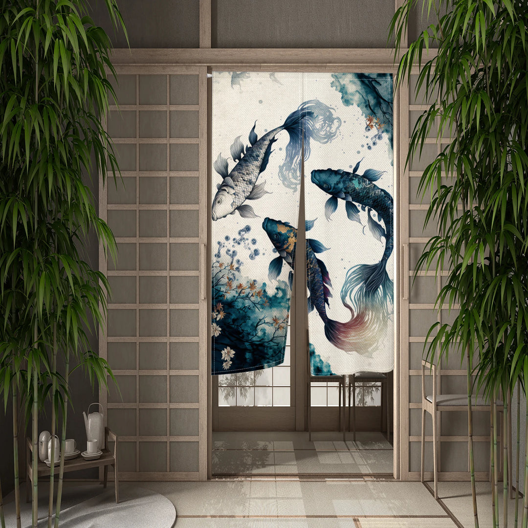Rideau Japonais Koi blanc bleu