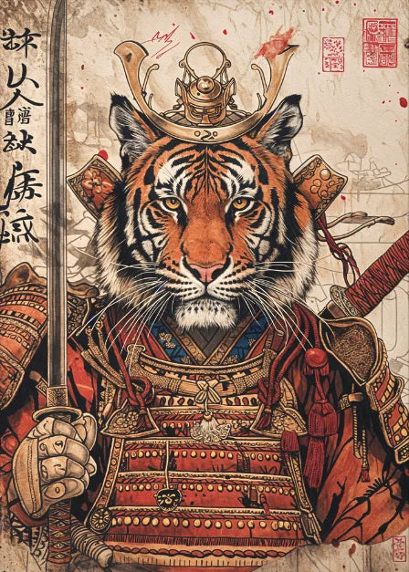 Affiche Japonaise Rétro Lion Samouraï