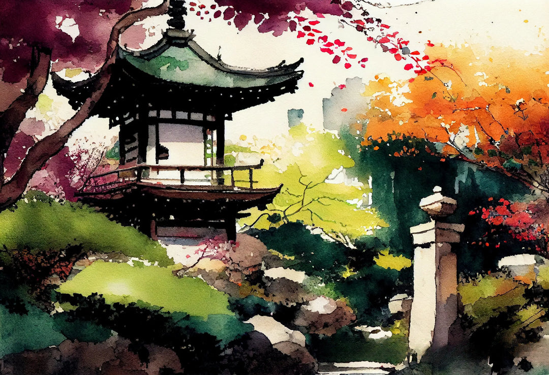 Affiche Japonaise Temple et Paysage Sakura