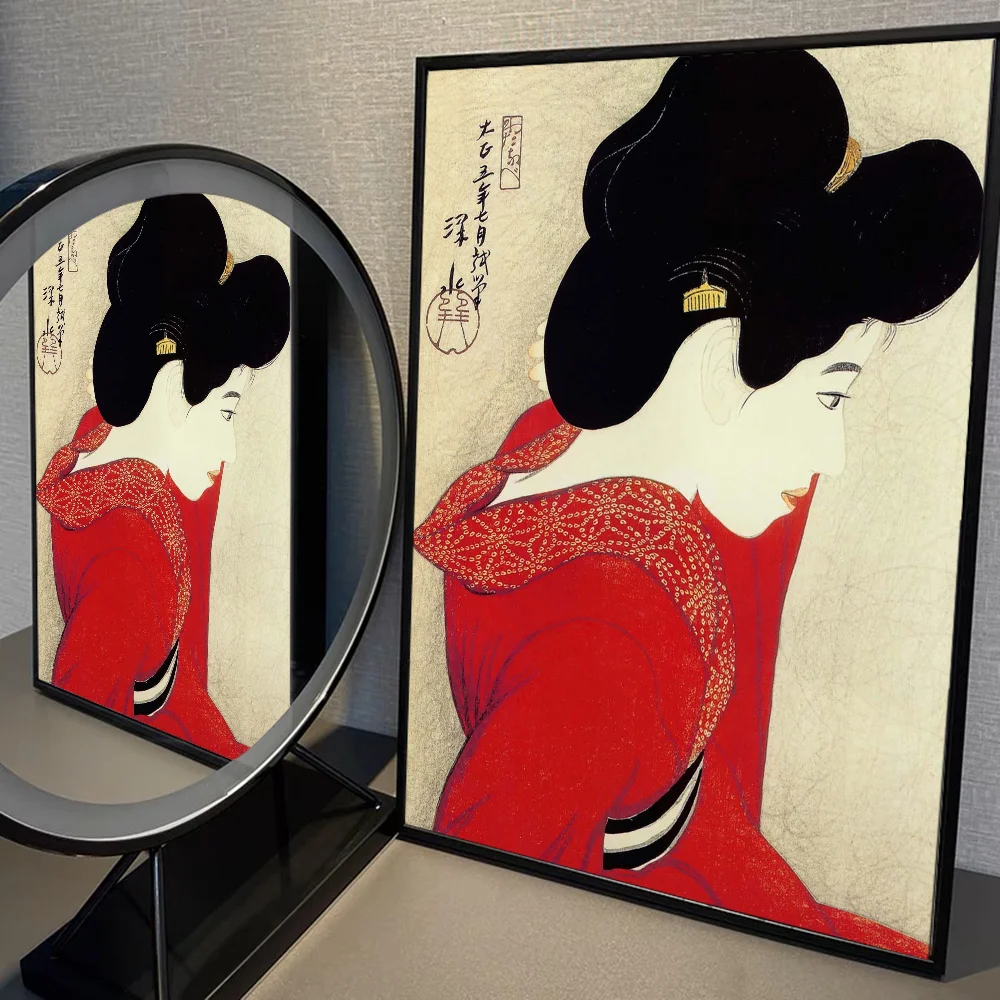 Tableau Japonais Femme en Kimono rouge