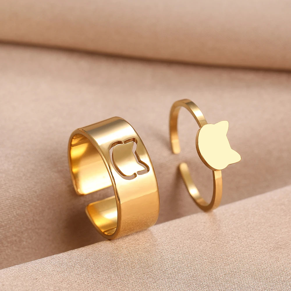 Edelstahlring-Set mit japanischem Katzenmotiv