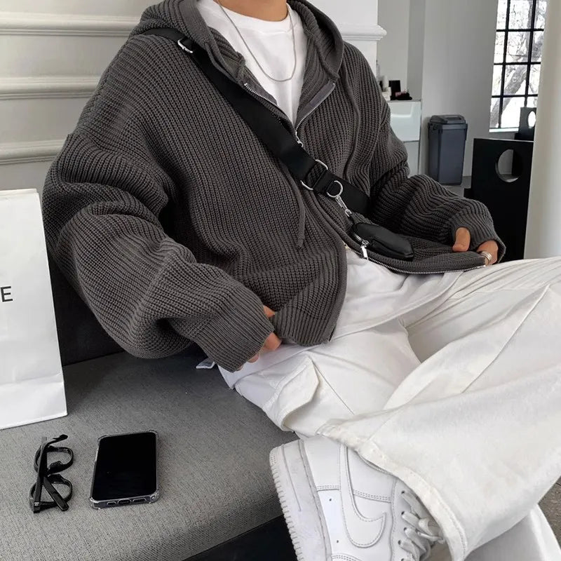 Sweat Japonais à Capuche Tricoté Gris