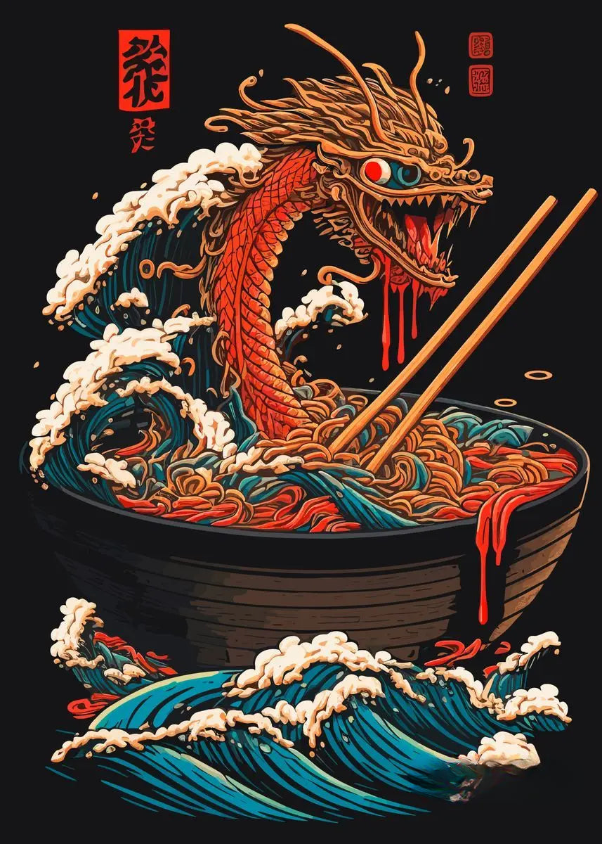 Affiche Japonaise Motif Vague Dragon et Nouille