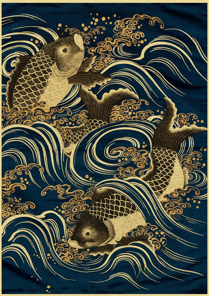 Affiche Japonaise Vague et Poisson KOI