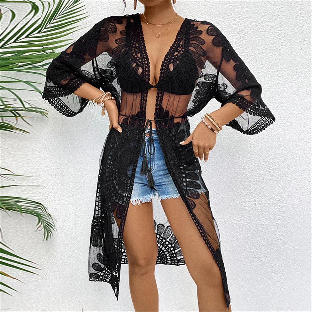 Kimono de plage en mousseline brodé