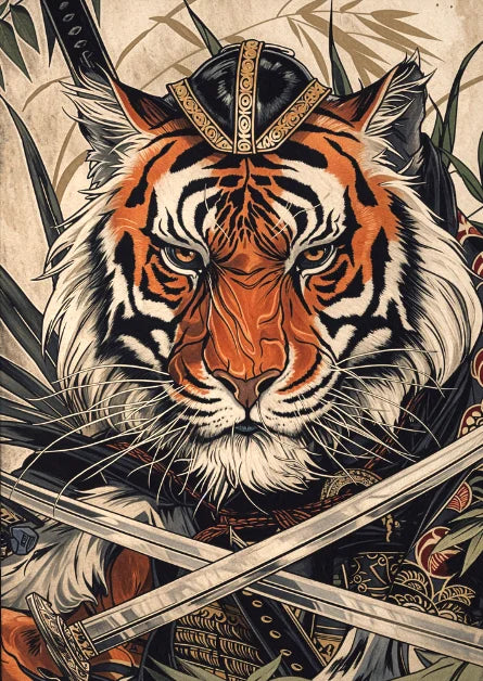 Affiche Japonaise Rétro Lion Samouraï avec sabre