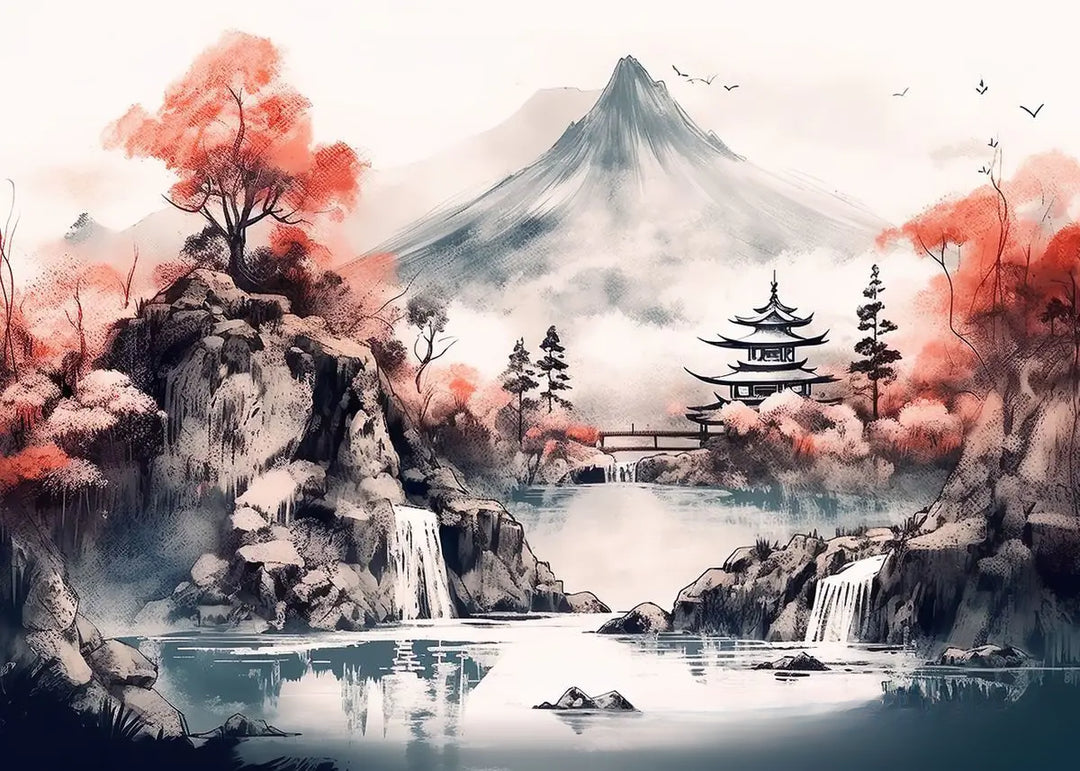 Affiche Japonaise Paysage Roches et Cerisiers