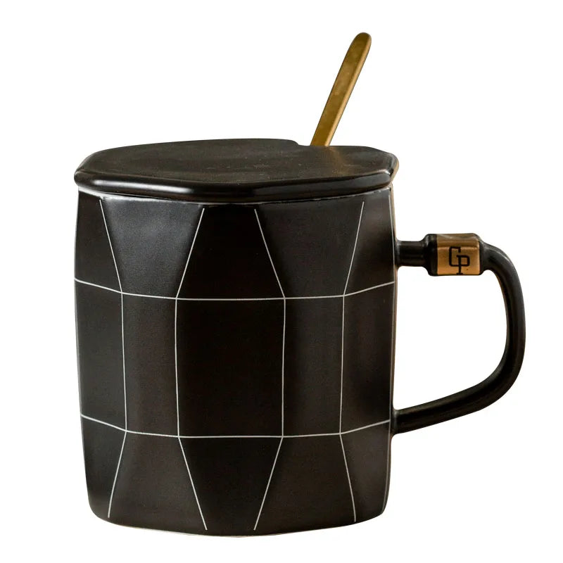 Mug Japonais Géométrique À Couvercle Noir avec cuillère