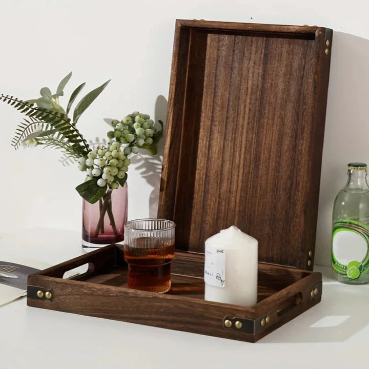 Rectangular wooden tea service tray