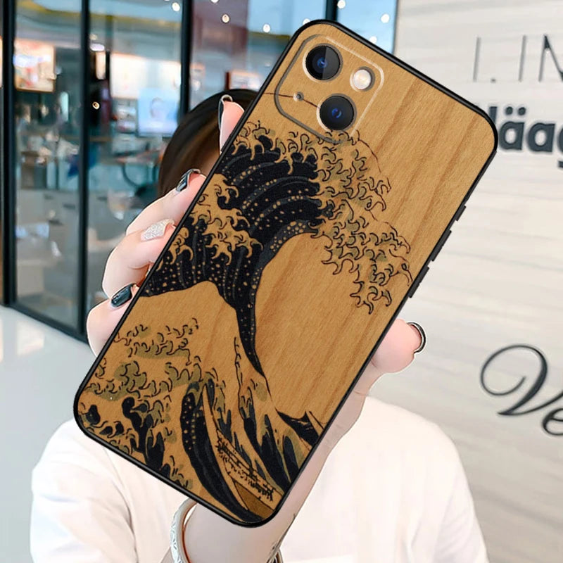 Coque de téléphone japonaise en bois Kanagawa