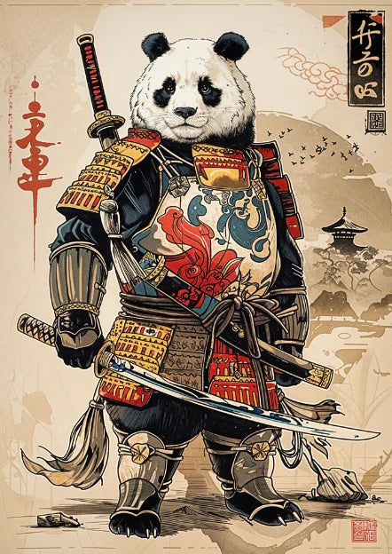 Affiche Japonaise Rétro Panda Géant Samouraï