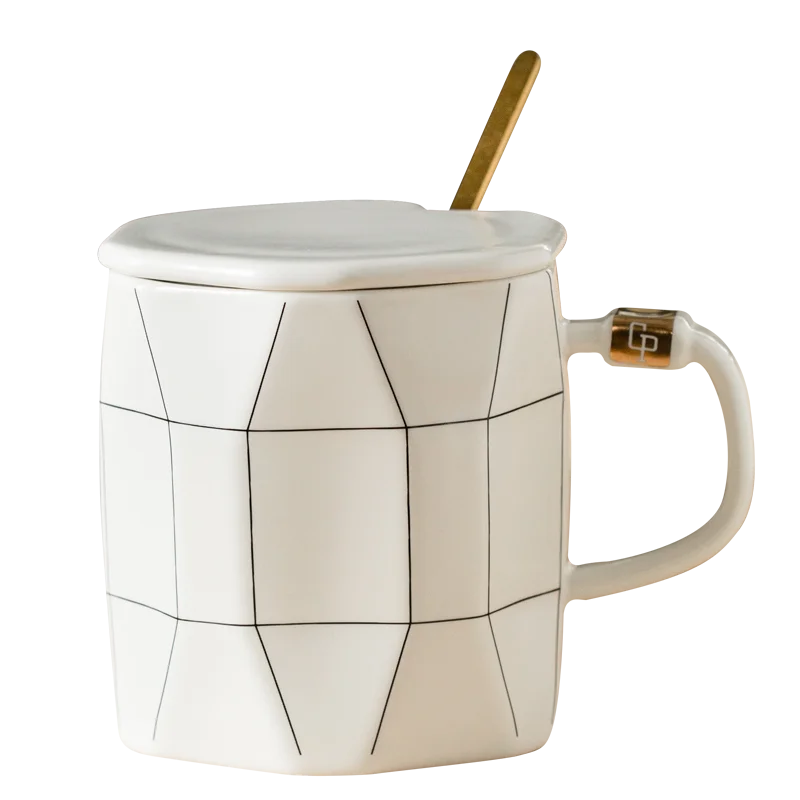 Mug Japonais Géométrique À Couvercle Blanc avec Cuillère