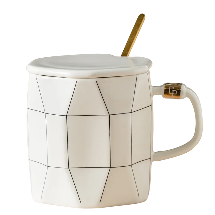 Mug Japonais Géométrique À Couvercle Blanc avec Cuillère