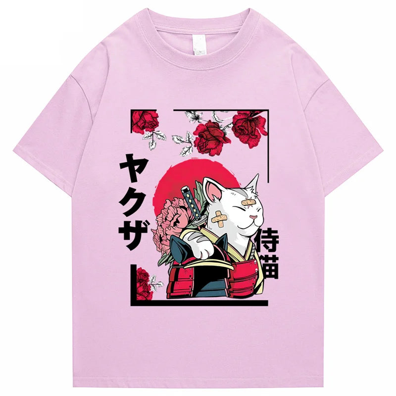 T-shirt Japonais en Coton Chat Design Rose