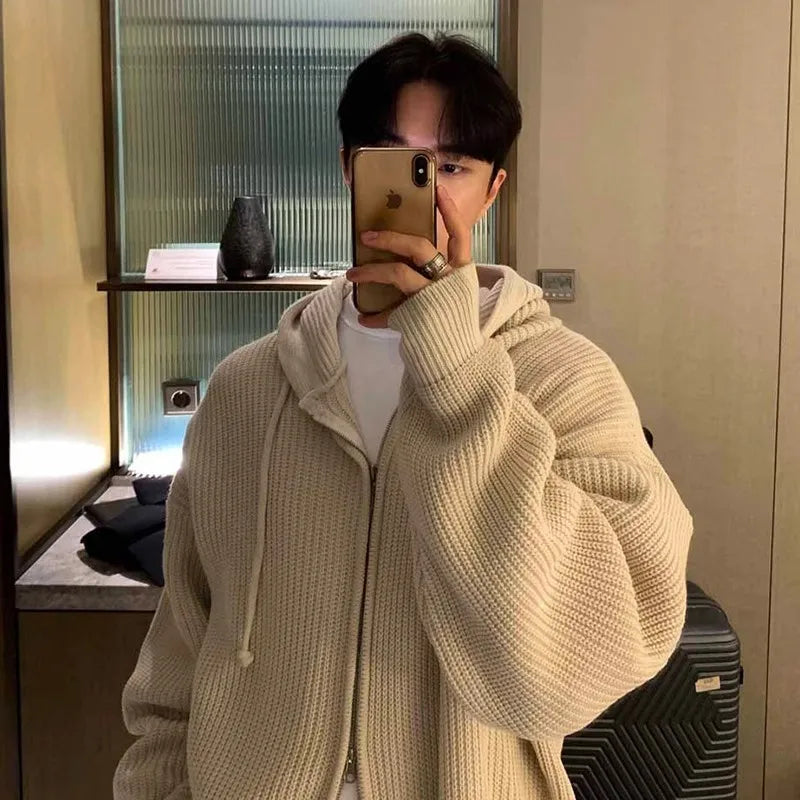 Sweat Japonais à Capuche Tricoté Beige