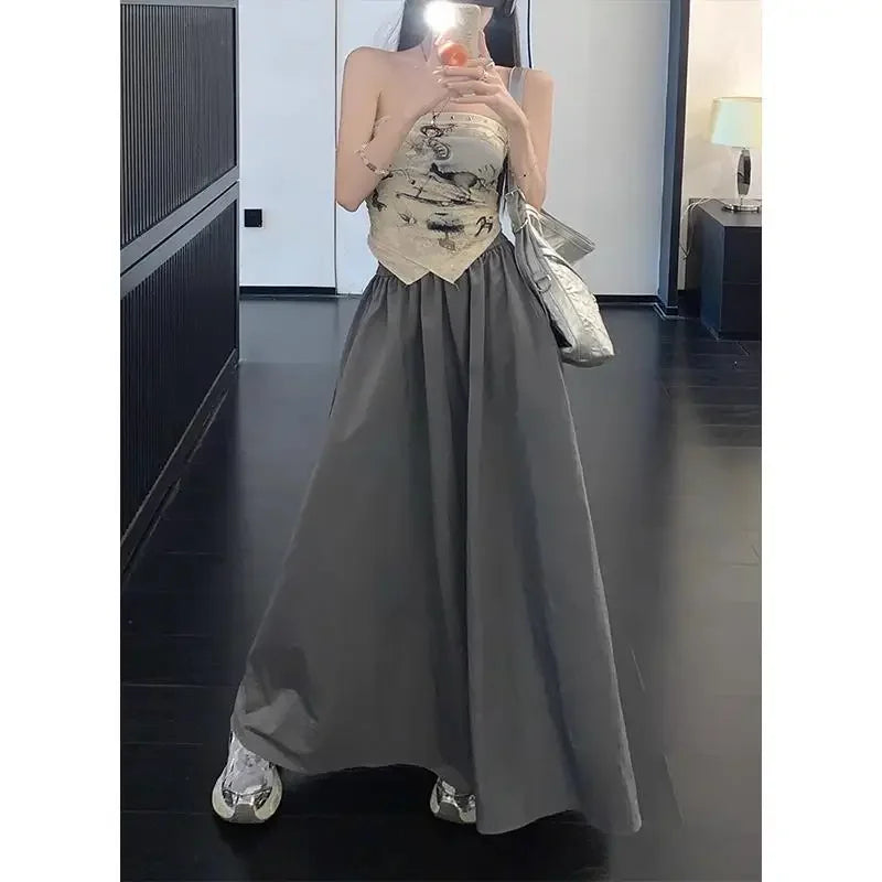 Jupe Longue Japonaise Estivale Gris