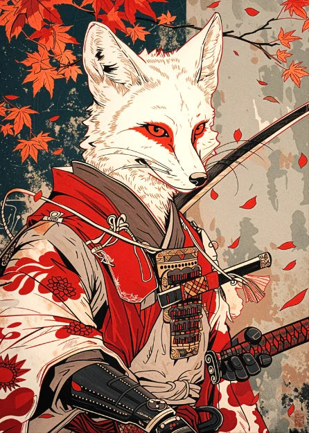 Affiche Japonaise Rétro Kitsune Samouraï