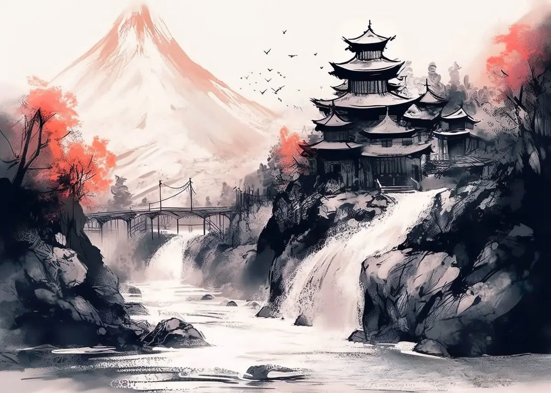 Affiche Japonaise Maison traditionnelle et Chute d'Eau
