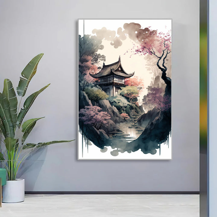 Tableau Paysage Japonais Lac et Cerisiers