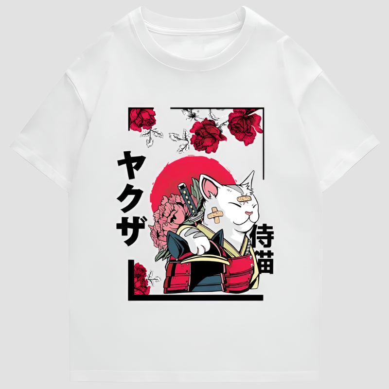 T-shirt Japonais en Coton Chat Design Blanc