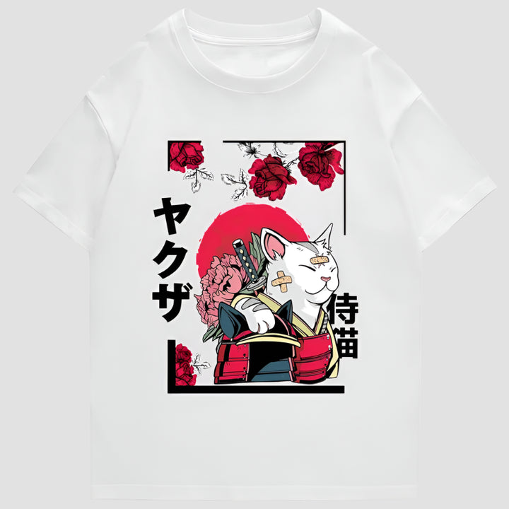 T-shirt Japonais en Coton Chat Design Blanc