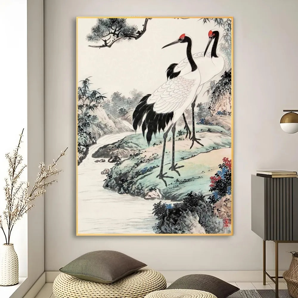 Tableau Japonais motif Grues Blanc Noir