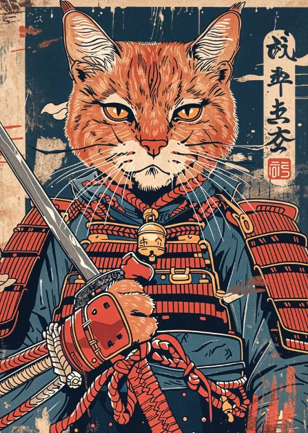 Affiche Japonaise Rétro Chat Samouraï avec sabre