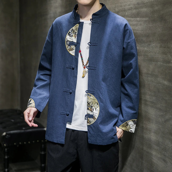 Veste Costume Kimono Homme Motif Grues bleu