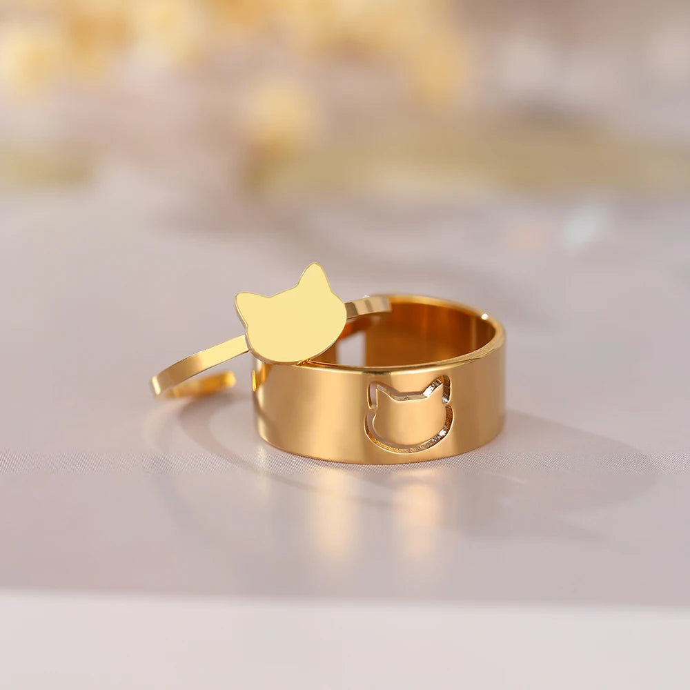 Edelstahlring-Set mit japanischem Katzenmotiv