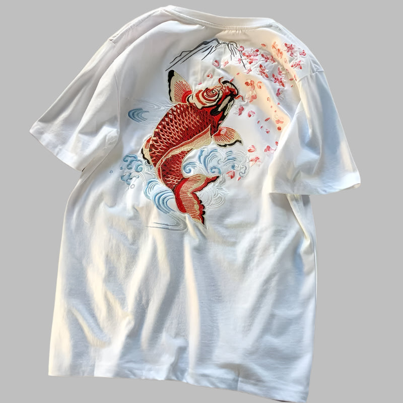 T-shirt Japonais Carpe Koi Brodé Blanc